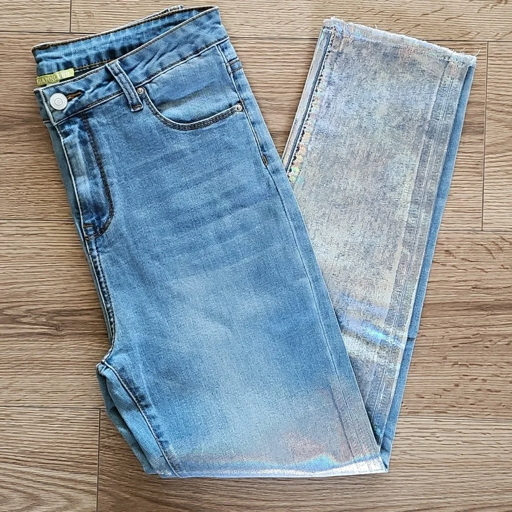 Gianni Bini Iridescent Blue Straight Leg Jeans, Size Medium